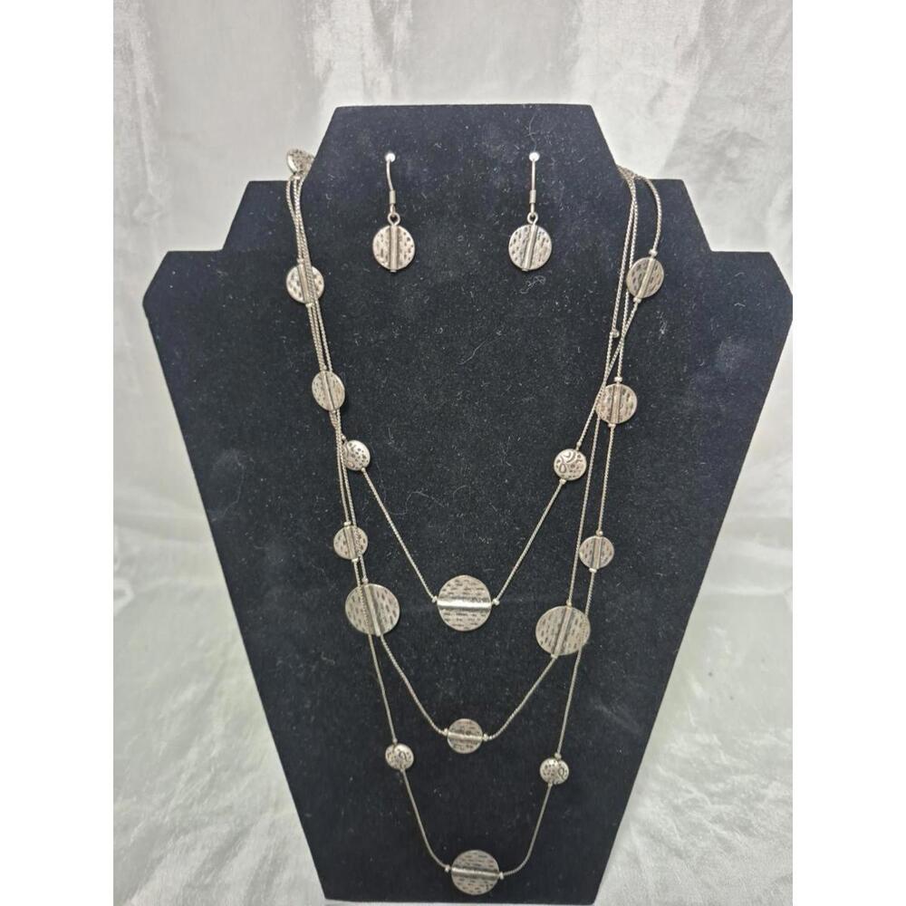Vintage VCLM  Necklace & Earring Set Coin Silver Tone Three Strand Necklace